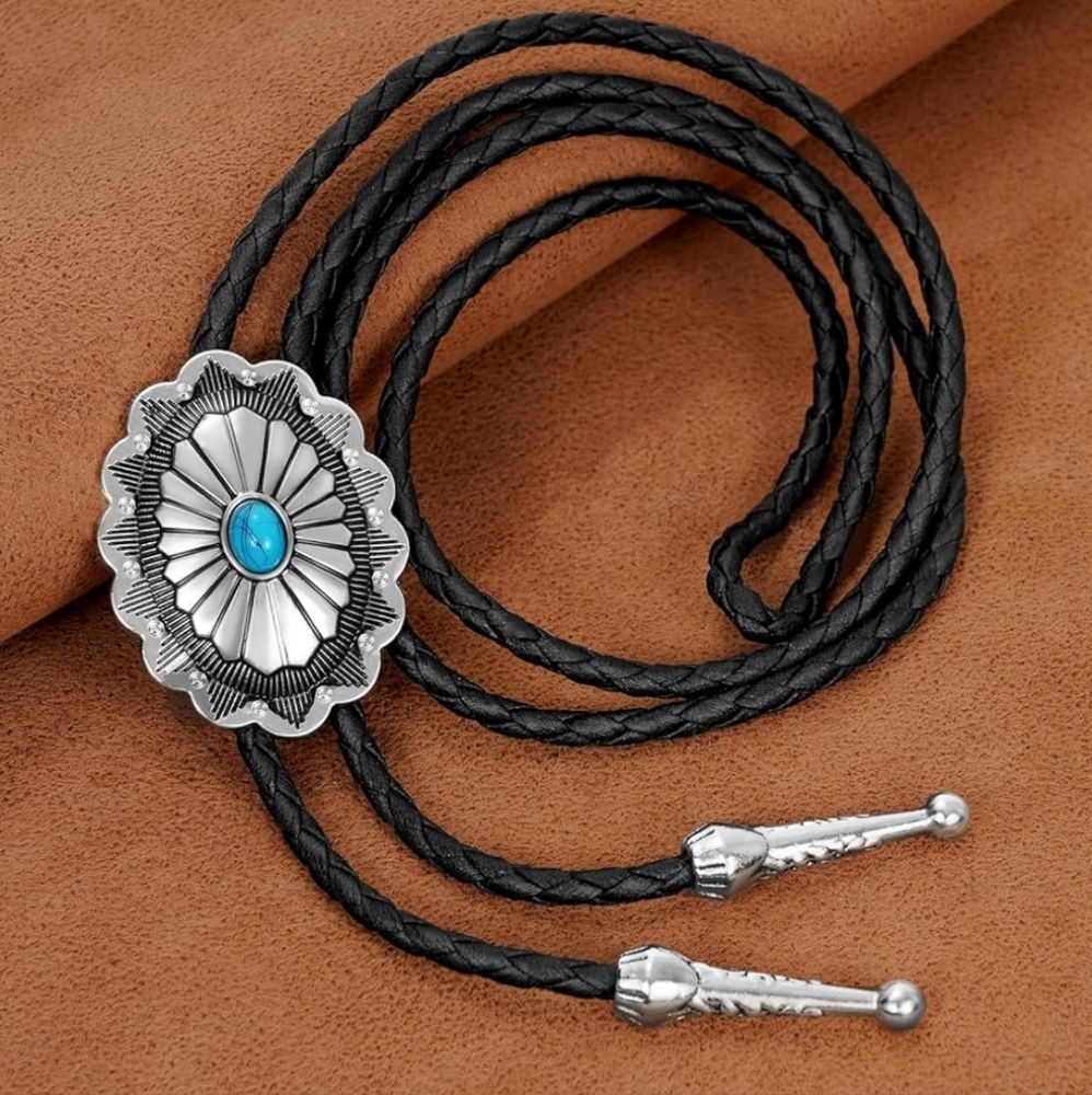Silver Bolo Tie with Turquoise Accent Western Boho Rodeo Festival Cowgirl